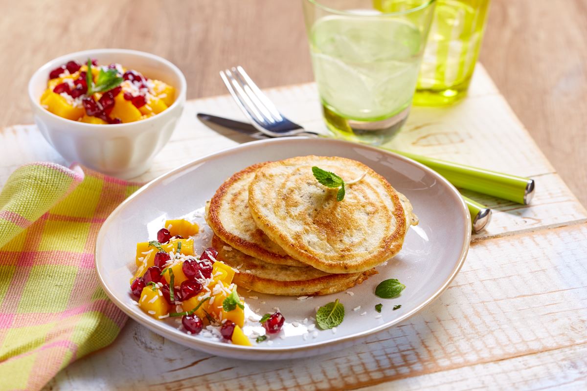 recipe image Chia-Pancake mit Mangosalat