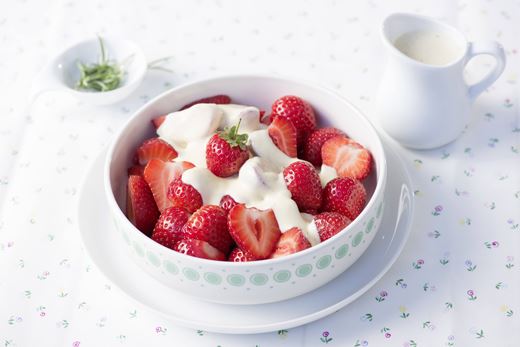 recipe image Erdbeersalat mit Schokoladen-Rosmarin-Sauce