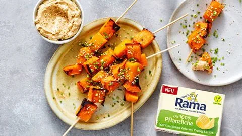 recipe image Kürbisspieße mit Sesam-Soja-Dip